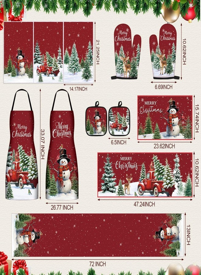 Bonuci 12 Pcs Christmas Kitchen Sets Decoration Table Runner Kitchen Aprons Dish Towels Rugs Oven Mitts and Pot Holders Christmas Farmhouse Baking Set for Home Xmas Women Mom Gift Cooking Grilling - Image 2