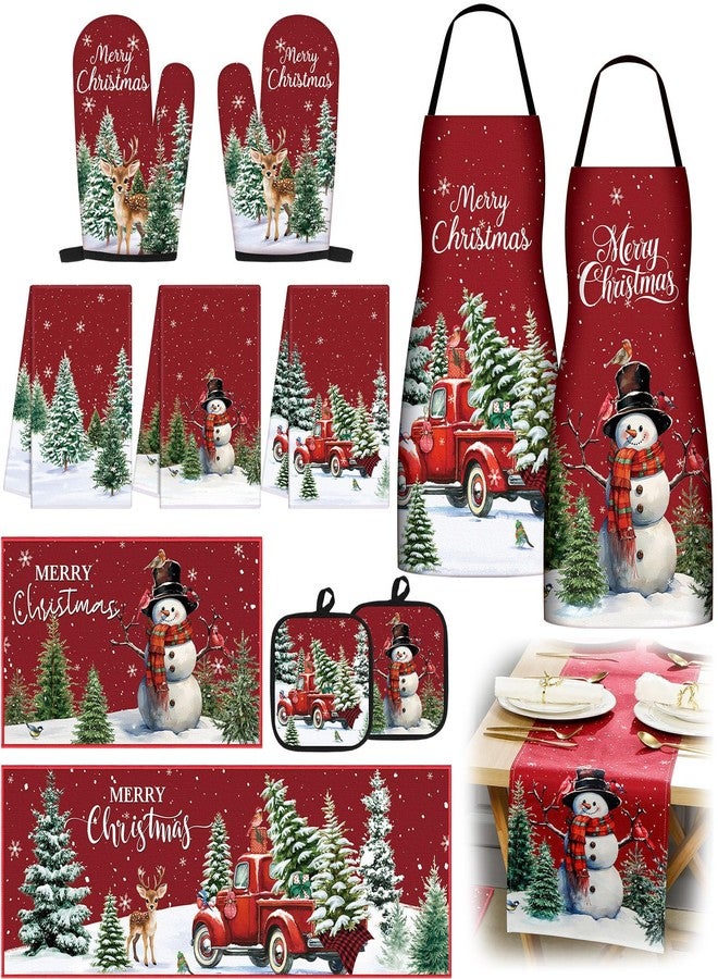 Bonuci 12 Pcs Christmas Kitchen Sets Decoration Table Runner Kitchen Aprons Dish Towels Rugs Oven Mitts and Pot Holders Christmas Farmhouse Baking Set for Home Xmas Women Mom Gift Cooking Grilling - Image 1