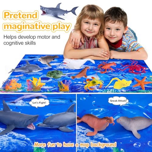 GINMIC Kids Ocean Animals Toys with Large Play Mat , 18 Pack Assorted Realistic Sea Animal Toys with Carrier Bag Including Shark, Whale, Dolphin etc, for Toddler, Boys & Girls Ages 3-8 - Image 4