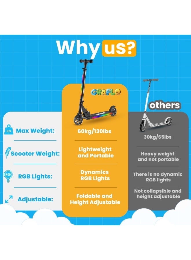 GRAFLO 2 Wheel Kick Scooter - Collapsible Portable Kids Scooter - Lightweight with RGB LED Lights - Height-Adjustable Handlebar, Rear Brake - Push Scooter for kids - Up to 68kg for Ages 5-12 - Image 2