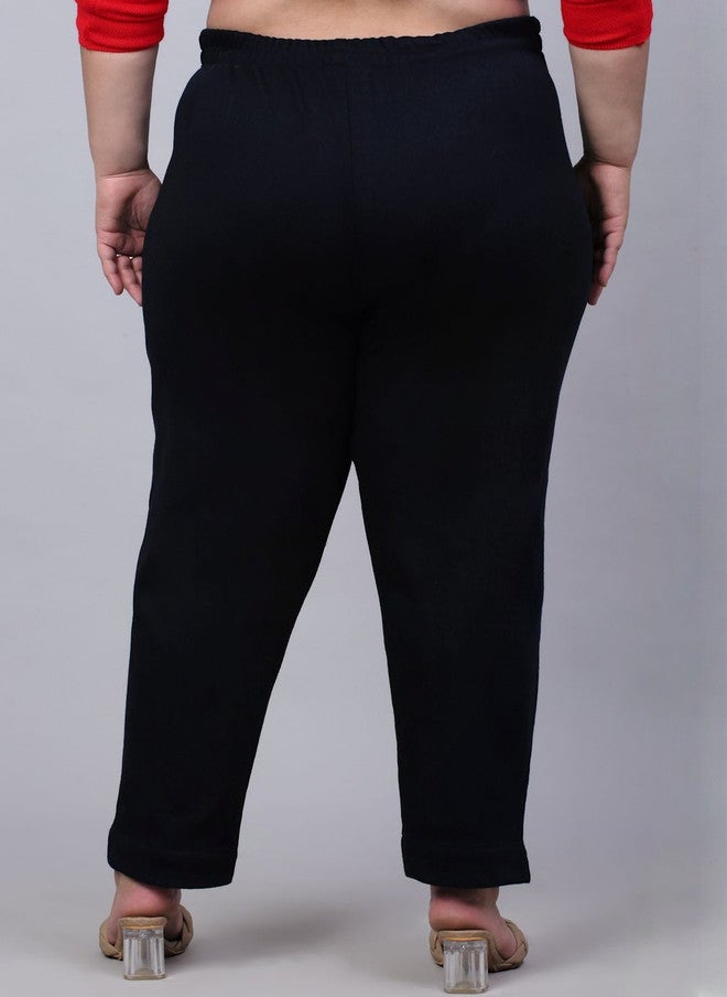 Trend Level Women Black Woolen Relaxed Plus Size Easy Wash Pleated Trousers - Image 4