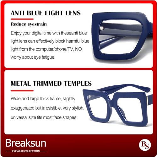 Breaksun Oversized Blue Light Glasses for Women Fashion Thick Square Computer Eyewear Non-Prescription Black Glasses (Dark Blue) - Image 4