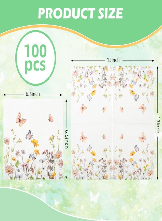 AimFun 100Pcs Floral Paper Napkins Disposable Butterfly Flower Party Napkins 6.5 Inch Wildflower Garden Blossom Hand Towels for Spring Wedding Anniversary Bridal Baby Shower Tea Party Supplies - Image 2