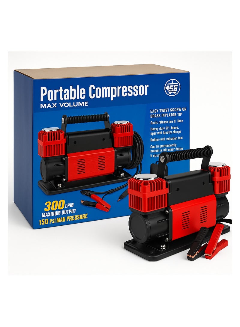صن رايز ضاغط هواء محمول 12 فولت لإطارات السيارات – تدفق 300 لتر/دقيقة، ضغط 150 PSI، فوهة نحاسية سريعة التوصيل، خرطوم لولبي بطول 26 قدم، مضخة مدمجة للسيارات والدراجات والمعدات الرياضية وأكثر - Image 1