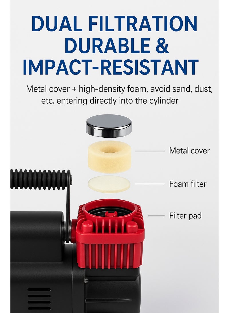 صن رايز ضاغط هواء محمول 12 فولت لإطارات السيارات – تدفق 300 لتر/دقيقة، ضغط 150 PSI، فوهة نحاسية سريعة التوصيل، خرطوم لولبي بطول 26 قدم، مضخة مدمجة للسيارات والدراجات والمعدات الرياضية وأكثر - Image 5