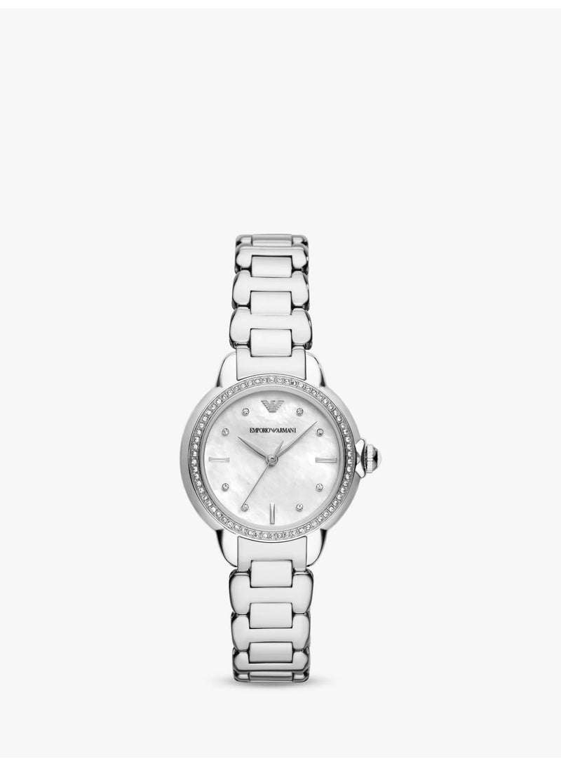 أرماني إمبوريو أرماني ساعة نسائية بسوار مرصع بالكريستال، فضية اللون AR11596 - Image 1