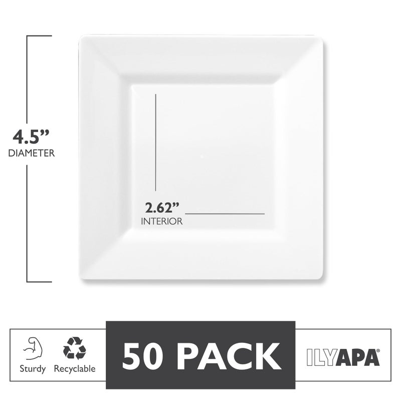 Ilyapa 50 White Square Disposable Plates - 4.5"" Inch  Plastic Disposable Mini Square White Plates  for Appetizers  Dessert  & Tasting - Image 2