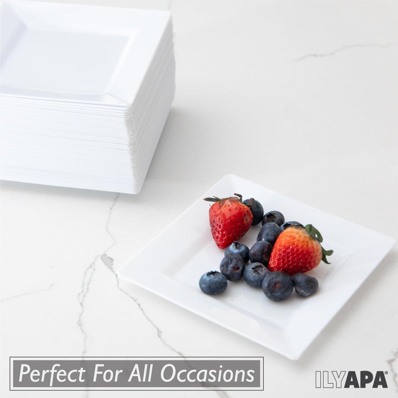 Ilyapa 50 White Square Disposable Plates - 4.5"" Inch  Plastic Disposable Mini Square White Plates  for Appetizers  Dessert  & Tasting - Image 4