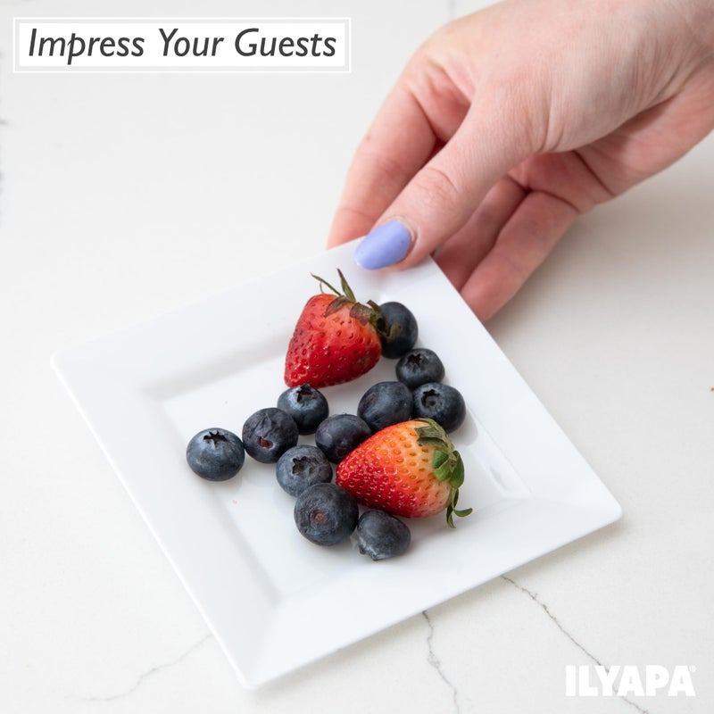 Ilyapa 50 White Square Disposable Plates - 4.5"" Inch  Plastic Disposable Mini Square White Plates  for Appetizers  Dessert  & Tasting - Image 5