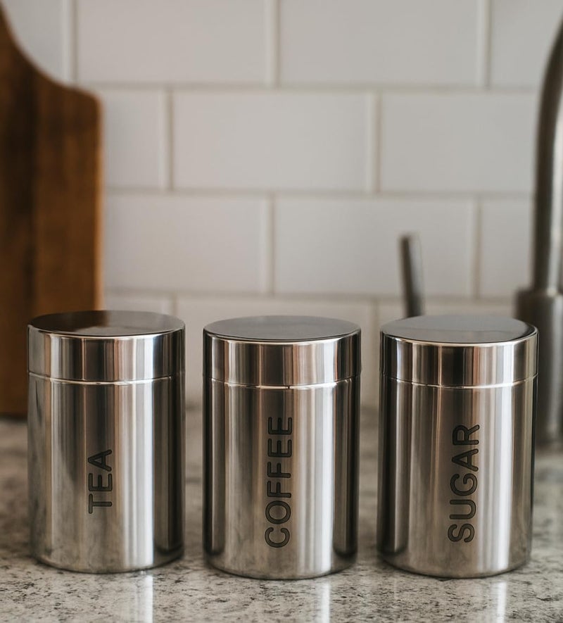 STEEPLE Stainless Steel Tea, Sugar & Coffee Container Set | 800ml Each Jar| Mirror Finish Stainless Steel Canisters | Airtight Lid Storage Jars | Food-Grade, Rust-Proof - Image 1