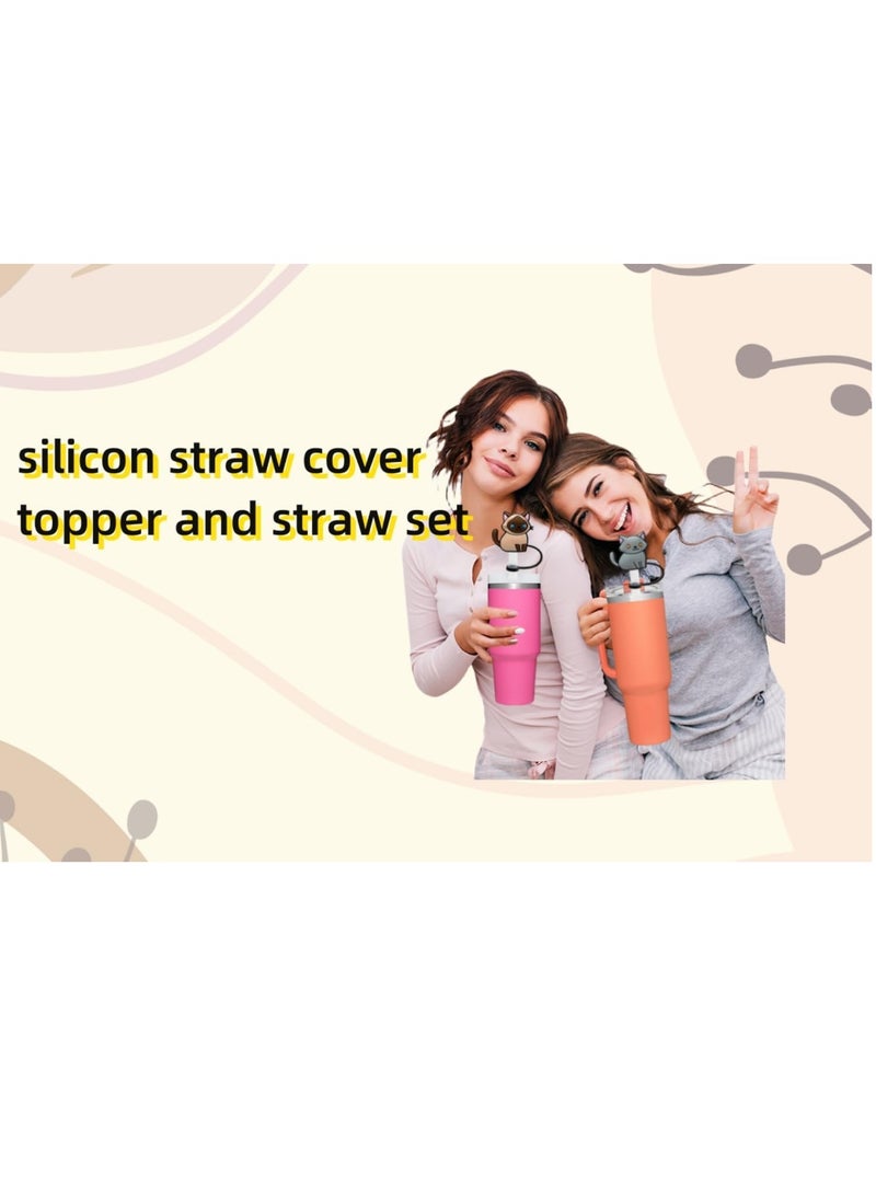 Generic - 6pcs Straw Topper Cap for Stanley Straw Cover 40 oz 30 oz 10mm Food Grade Silicone Stanley Cup Accessories Cute Cat Large Straw Tips Cover Protector Plugs for Stanley Tumblers with Handle - Image 1
