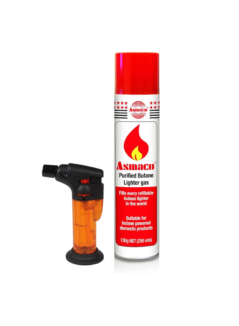 Asmaco Purified Lighter Refilling Gas 200ml with Multiple Nozzle Heads – Universal Butane Gas Refill for Torch, Cigar, BBQ & Kitchen Lighters – Includes 1 Bonus Refillable Lighter - Image 1