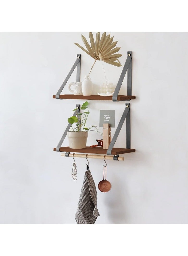 Home Gallery PU Gray Leather Strap Wall Floating Shelves  Brown  - Image 1