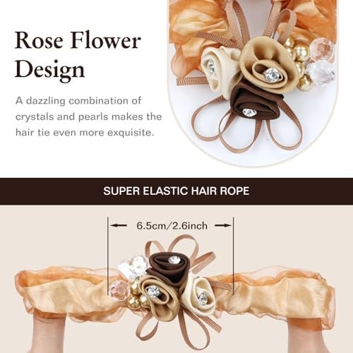 Melodio 3 Pack Floral Organza Scrunchies, Elegant Rose & Rhinestone Hair Ties, Vintage Chiffon Ponytail Holders, Decorative Hair Bands for Women - Image 4