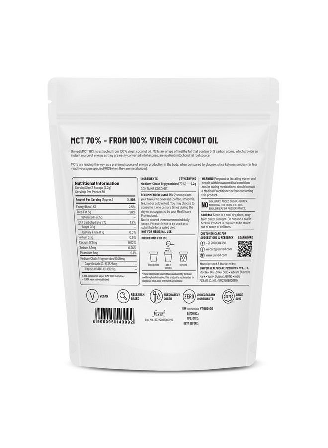 Unived MCT 70% | Medium Chain Triglyceride Oil Powder | Clean Energy Fuel | Pure MCT 5g with C-8: 3528mg & C-10: 1512mg in a 70:30 ratio | Keto Friendly | 30 Servings - Image 2