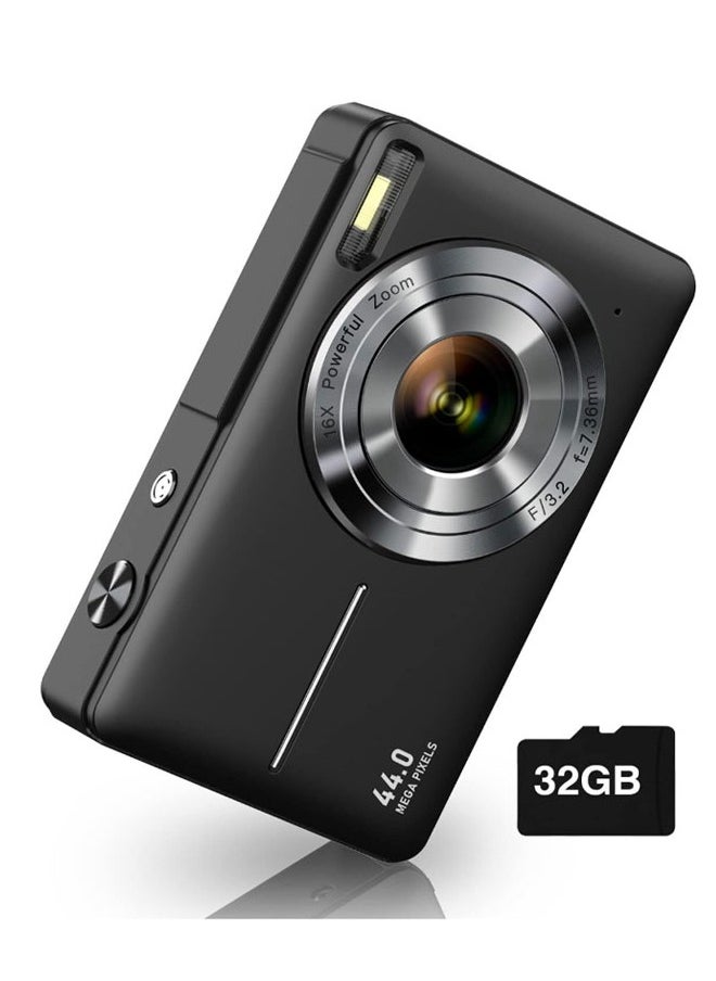 جنرال كاميرا رقمية FHD 1080P للأطفال بدقة 44 ميجابكسل مع بطاقة SD سعة 32 جيجابايت وتكبير 16 ضعفًا وحزام بطاريتين وكاميرا صغيرة مدمجة للأطفال الأولاد والبنات باللون الأسود  - Image 1