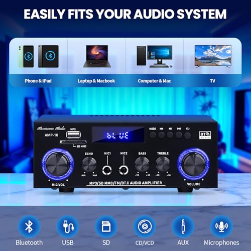 Beffkkip Amp10 Amplifier Home Audio,400W Power Amplifier 2 Channel Stereo Receiver with Bluetooth 5.0,Active Subwoofer Output, FM Radio, USB/SD/AUX, MIC, Remote Control for Home Theater - Image 3