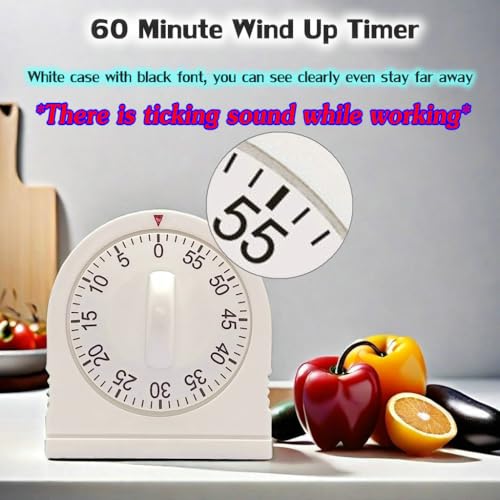 NUOSWEK 60 Minute Wind Up Timer, Visual Mechanical Timer with Loud Alarm, Manual Countdown Timers for Classroom, Home, Study and Cooking (White) - Image 2