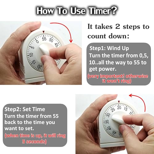 NUOSWEK 60 Minute Wind Up Timer, Visual Mechanical Timer with Loud Alarm, Manual Countdown Timers for Classroom, Home, Study and Cooking (White) - Image 3