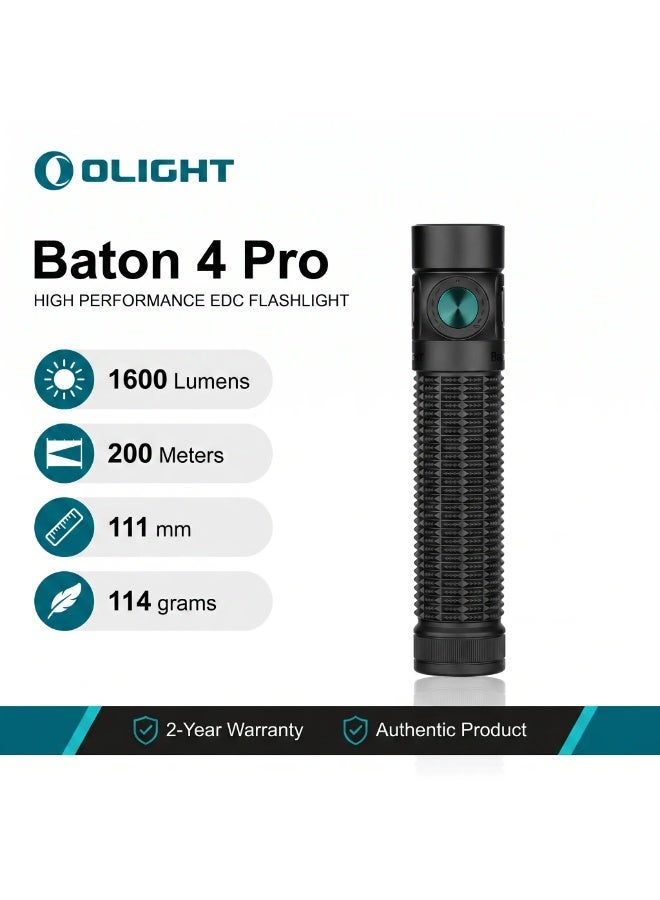 Olight Baton 4 Pro (Matte Black) CW, 1600 Lumens High Power LED Flashlight, 200m Beam Compact EDC Light, Rechargeable USB-C Flashlight for Camping, Hiking, Emergency - Image 1
