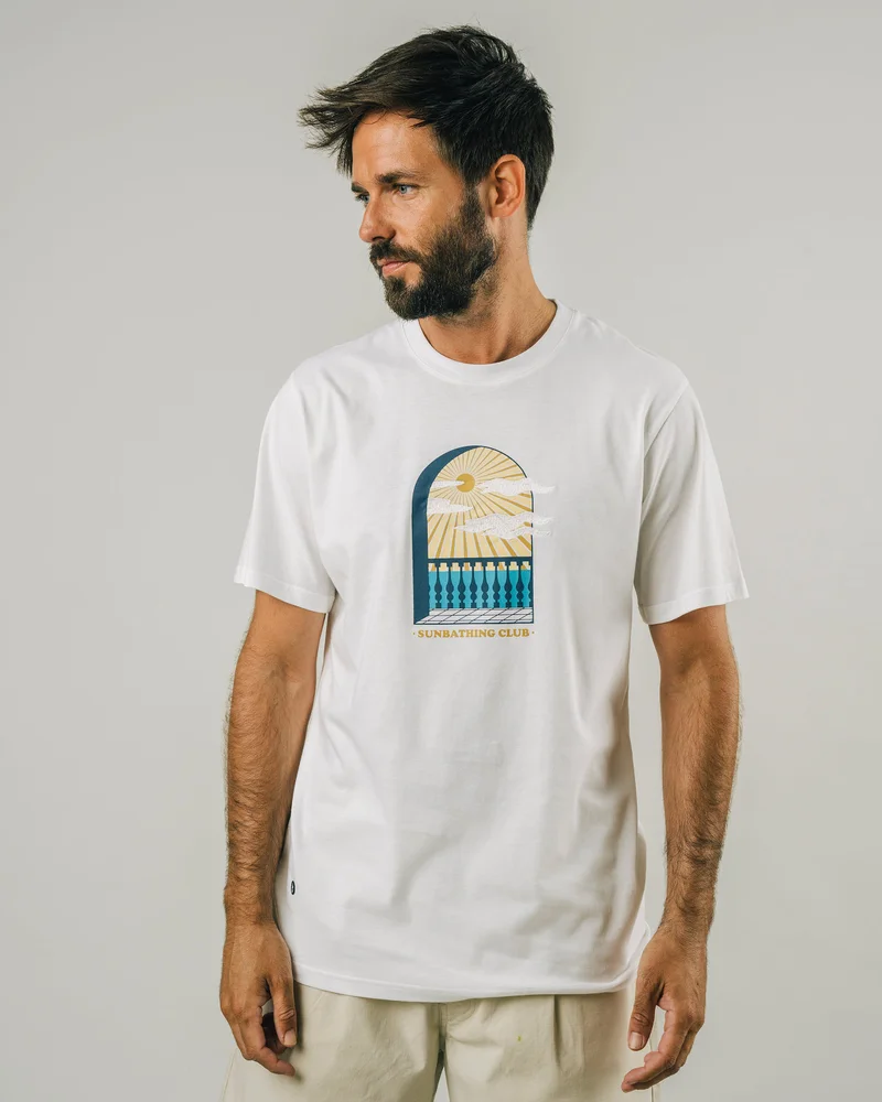 Brava Fabrics Sunbathing Club Embroidered White T-Shirt 100% Organic Cotton