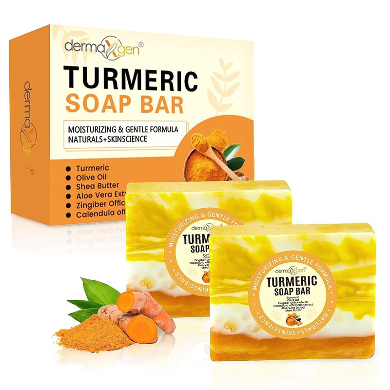 dermaxgen Organic Turmeric Soap Bar  Pure Natural Handcrafted Skincare Face  Body Cleanser  Blemish Control Reduce Acne Evens Tone Fades Scars Sun Damage Age Spots Pack of 2