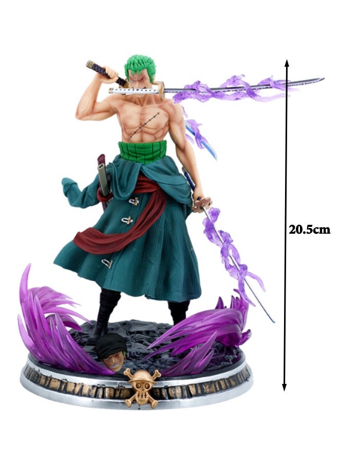 Anime One Piece Roronoa Zoro Action Figure, Anime Figure Sauron Three Swords Stream Double-Headed Scene Statue, Anime Realistic Model Ornament, Super Collectible Model Statue Anime Figure Toy 20.5CM