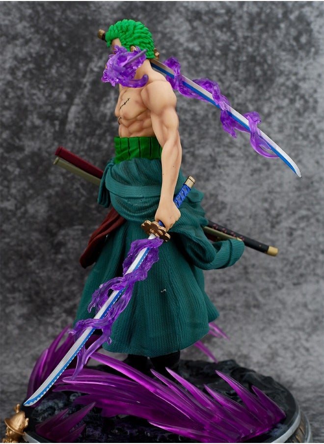 Anime One Piece Roronoa Zoro Action Figure, Anime Figure Sauron Three Swords Stream Double-Headed Scene Statue, Anime Realistic Model Ornament, Super Collectible Model Statue Anime Figure Toy 20.5CM