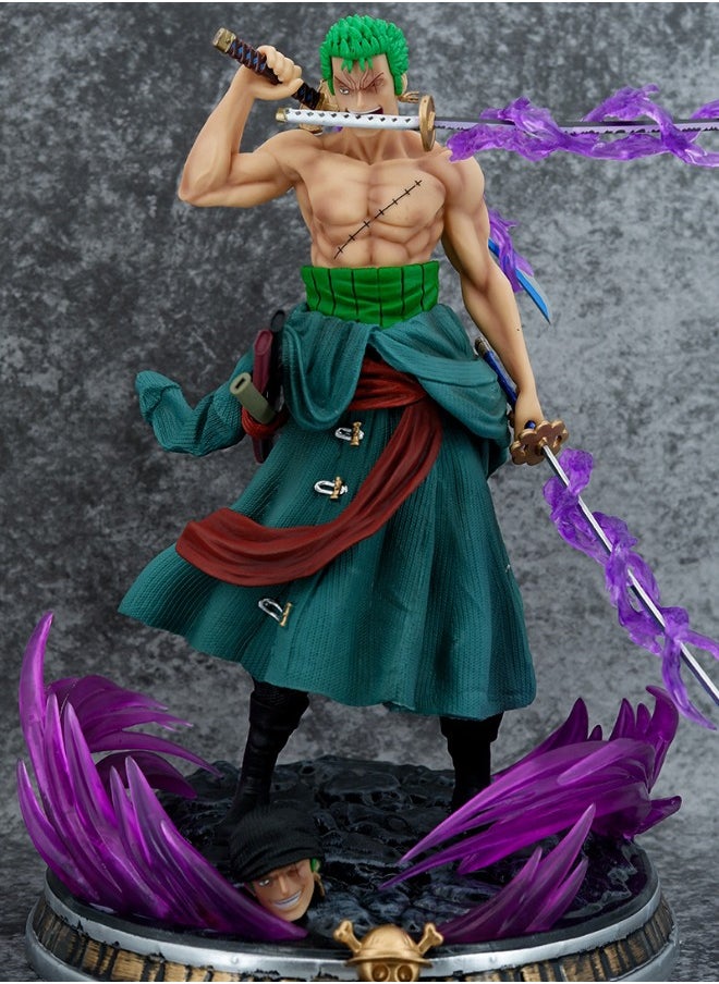 Anime One Piece Roronoa Zoro Action Figure, Anime Figure Sauron Three Swords Stream Double-Headed Scene Statue, Anime Realistic Model Ornament, Super Collectible Model Statue Anime Figure Toy 20.5CM