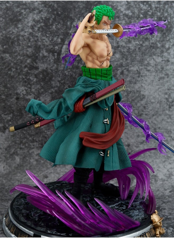 Anime One Piece Roronoa Zoro Action Figure, Anime Figure Sauron Three Swords Stream Double-Headed Scene Statue, Anime Realistic Model Ornament, Super Collectible Model Statue Anime Figure Toy 20.5CM
