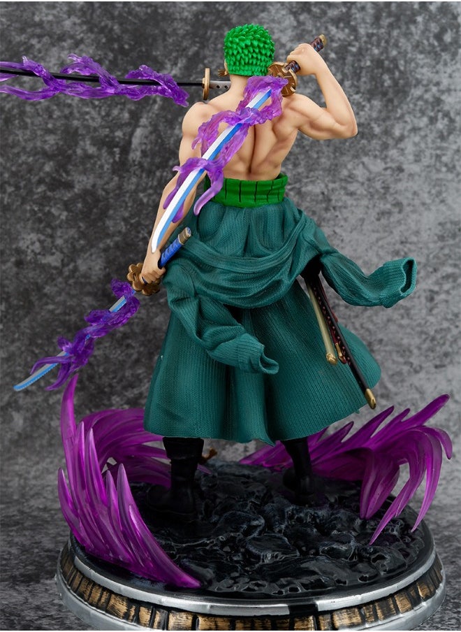 Anime One Piece Roronoa Zoro Action Figure, Anime Figure Sauron Three Swords Stream Double-Headed Scene Statue, Anime Realistic Model Ornament, Super Collectible Model Statue Anime Figure Toy 20.5CM
