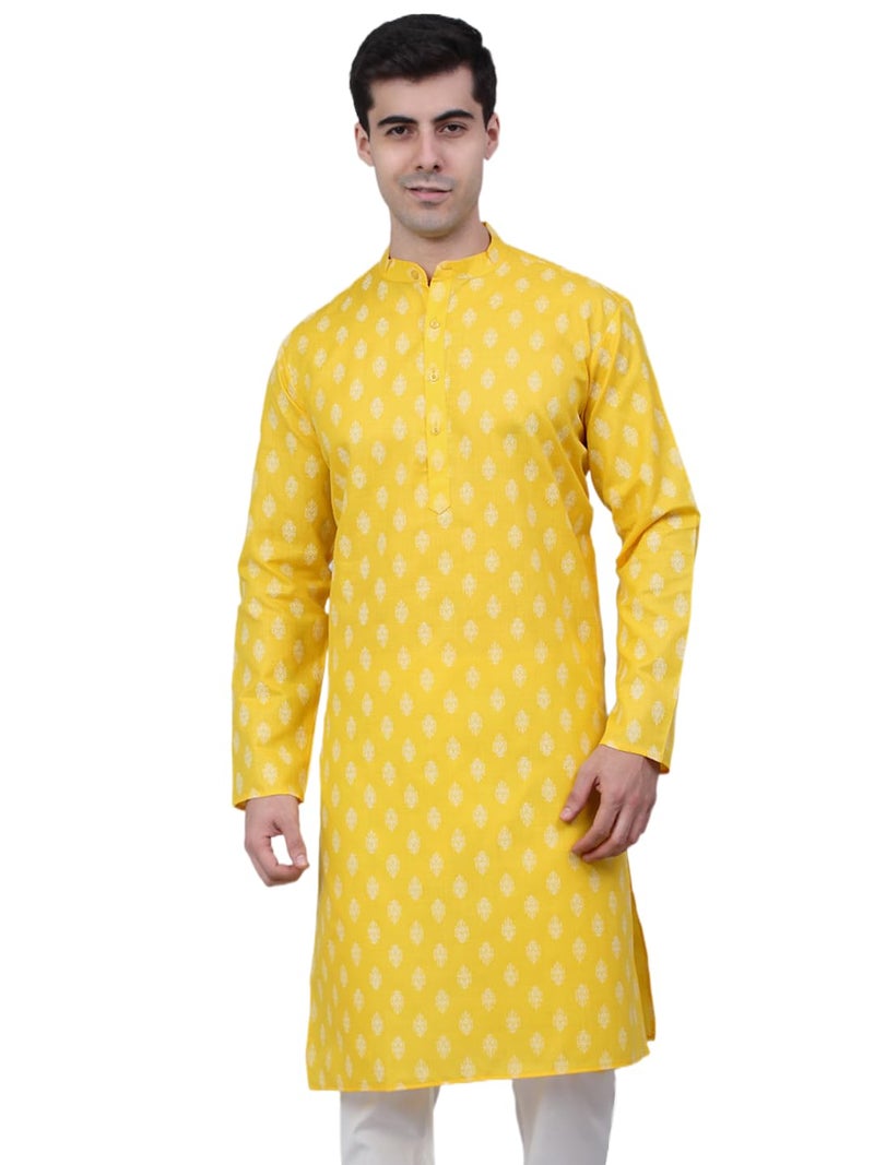 Jompers Men's Cotton Floral Printed Kurtas (Lemon, S) - Image 1