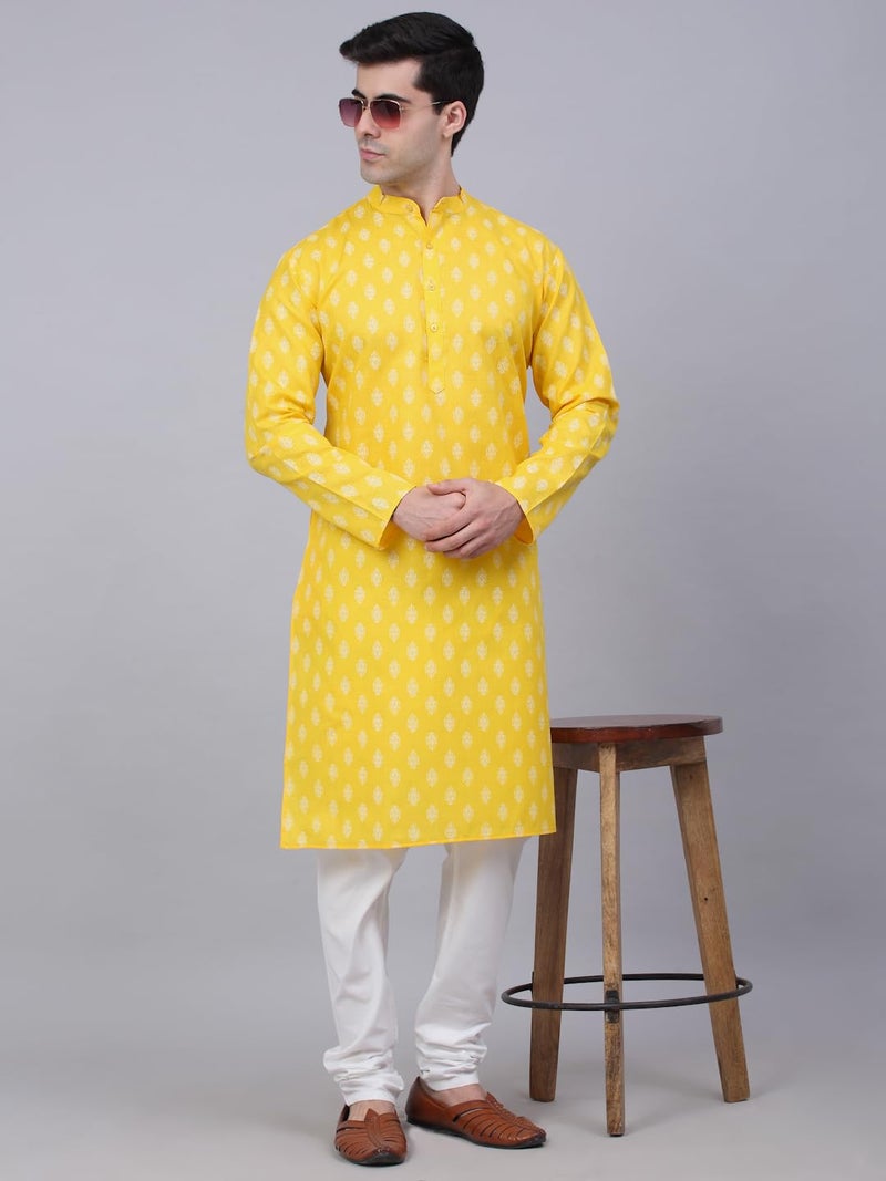Jompers Men's Cotton Floral Printed Kurtas (Lemon, S) - Image 4