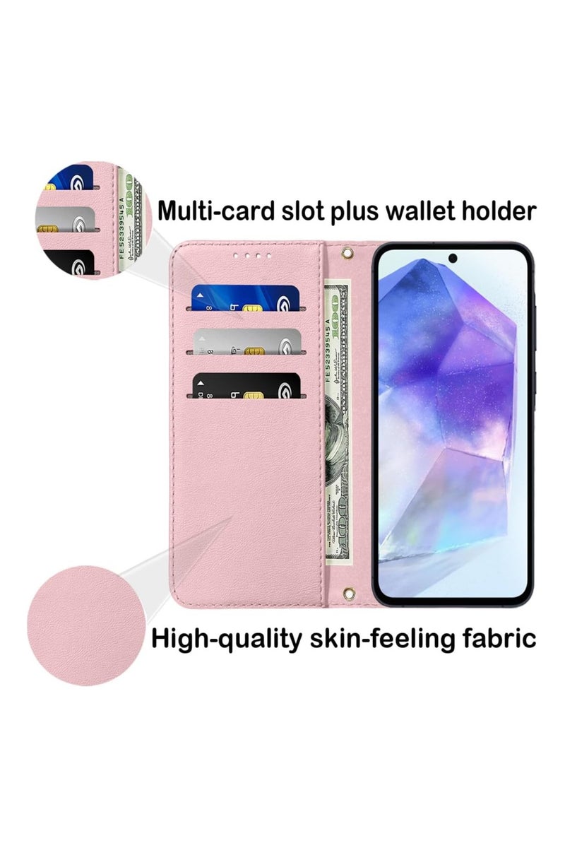 VKL Samsung Galaxy A56 5G Ultra Flip Cover PU Leather Magnetic Closure Kickstand Wallet Case Card Holder Shockproof Flip Cases - Pink - Image 4