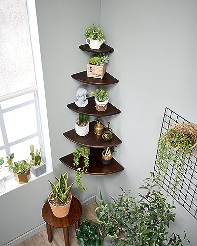 Conamily Corner Shelf Solid Oak Wood Floating Corner Shelf Wall Mount Round End Floating Speaker Shelves with Wire Hole for Small Plant Photo Frame for Bedroom Kitchen Living Room Walnut 7in - Image 3