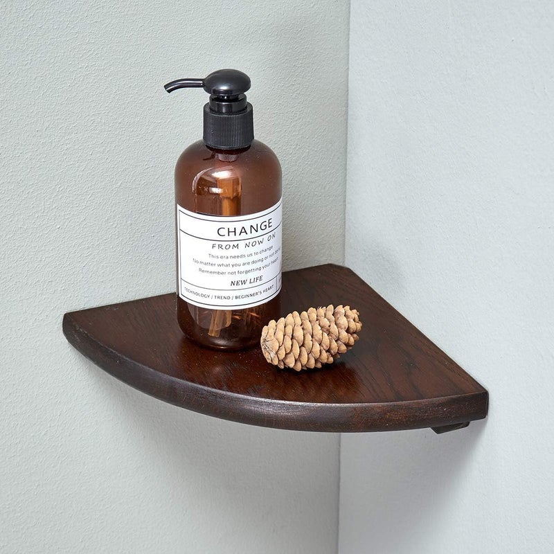 Conamily Corner Shelf Solid Oak Wood Floating Corner Shelf Wall Mount Round End Floating Speaker Shelves with Wire Hole for Small Plant Photo Frame for Bedroom Kitchen Living Room Walnut 7in - Image 2