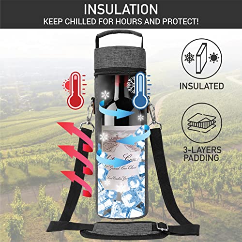opux Wine Bag Single Bottle Carrier Tote, Insulated Wine Cooler Bag for Travel Picnic Beach with Shoulder Strap, Thermal One Bottle Holder Carrying Case Wine Gift for Women Men, Charcoal Gray - Image 2