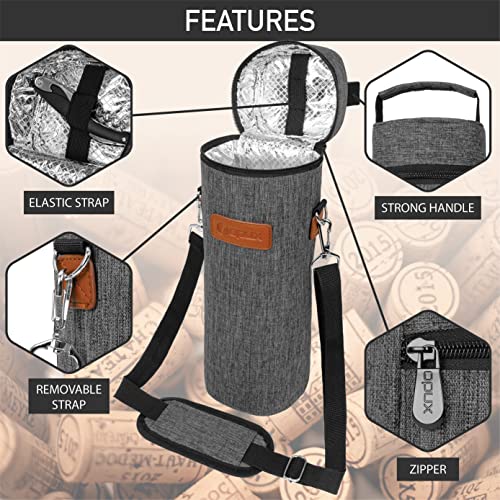 opux Wine Bag Single Bottle Carrier Tote, Insulated Wine Cooler Bag for Travel Picnic Beach with Shoulder Strap, Thermal One Bottle Holder Carrying Case Wine Gift for Women Men, Charcoal Gray - Image 4
