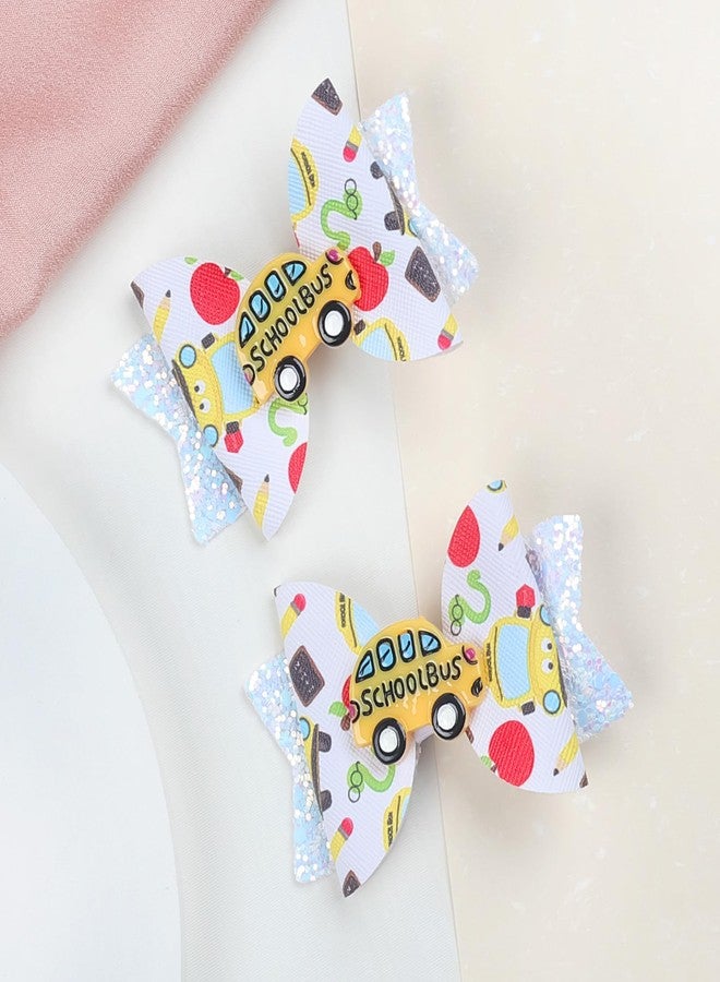 DIUEWOW 2PCS Glitter Back To School Bow Hair Clips Cute Bus Hairpin Headdress 3.5in Sparkly Cheer Bow Barrettes Alligator Barrettes First Day School Accessories Gift for Girls Student Teacher - Image 2