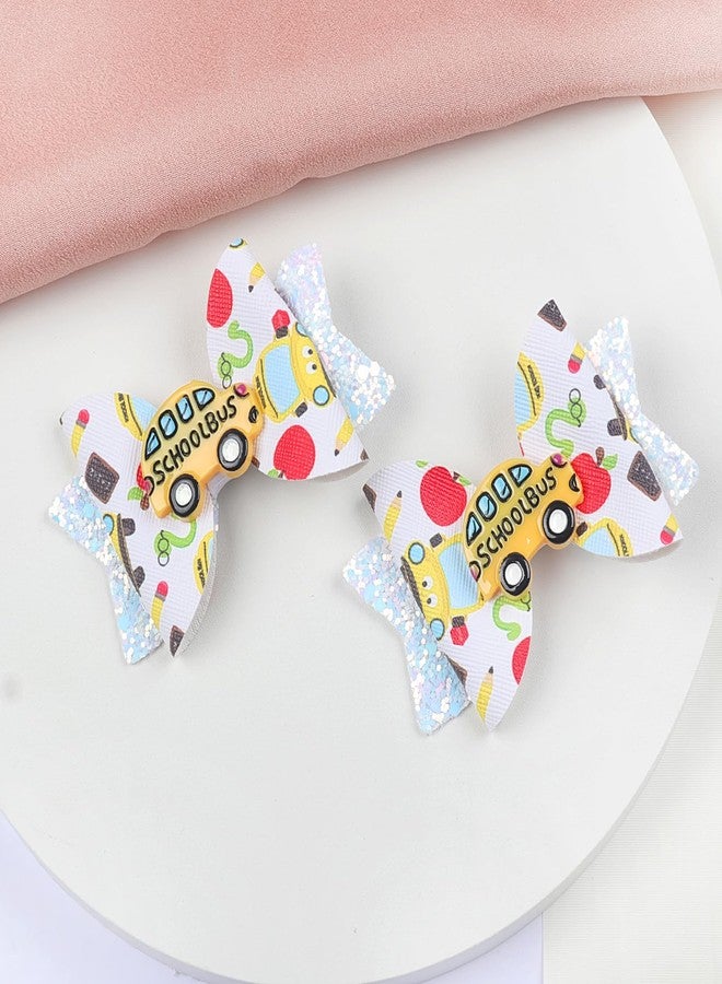 DIUEWOW 2PCS Glitter Back To School Bow Hair Clips Cute Bus Hairpin Headdress 3.5in Sparkly Cheer Bow Barrettes Alligator Barrettes First Day School Accessories Gift for Girls Student Teacher - Image 5