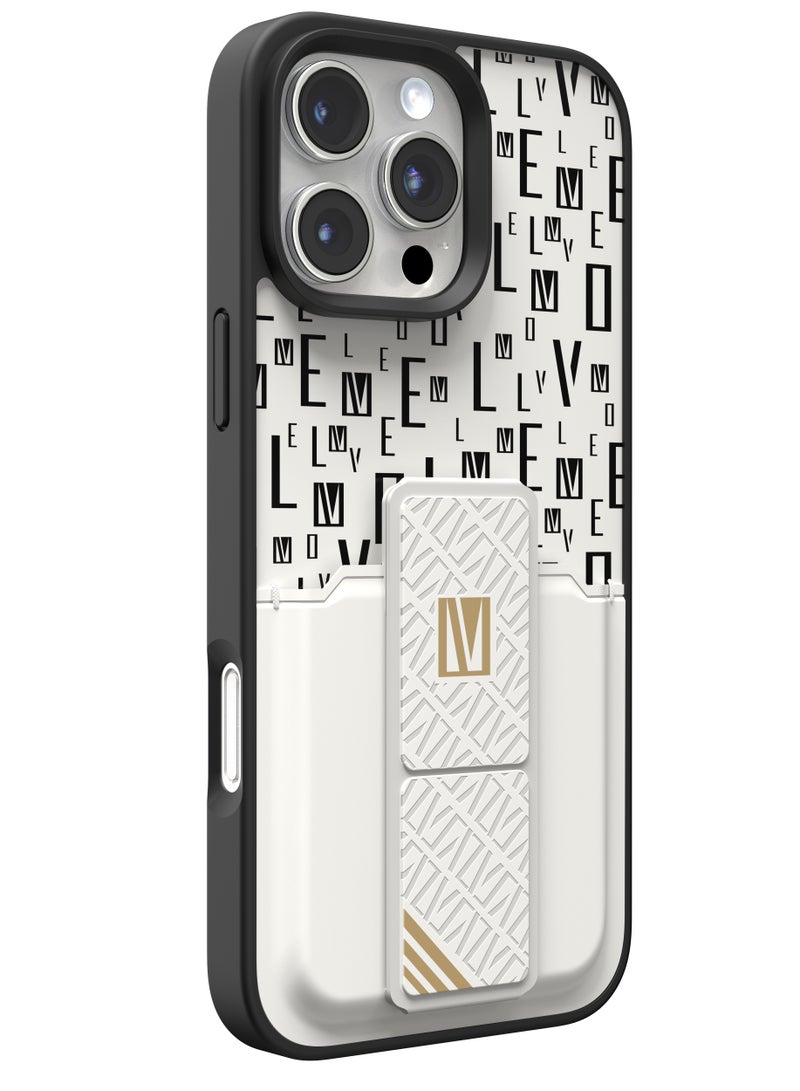 LEVELO iPhone 16 Pro Max Morphix Case with Built-in Grip and Card Holder / Impact Resistant Back Cover / Raised Camera Edge / Slim Cover - White  - Image 1