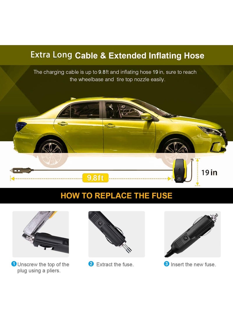 SYOSI Car Tyre Inflator Air Compressor, DC 12V Digital Tyre Inflator Portable Air Compressor Car Tyre Pump with 3 Nozzle Adaptors and LED Flashlight for Car Tyres, Bicycles and Other Inflatables  - Image 3