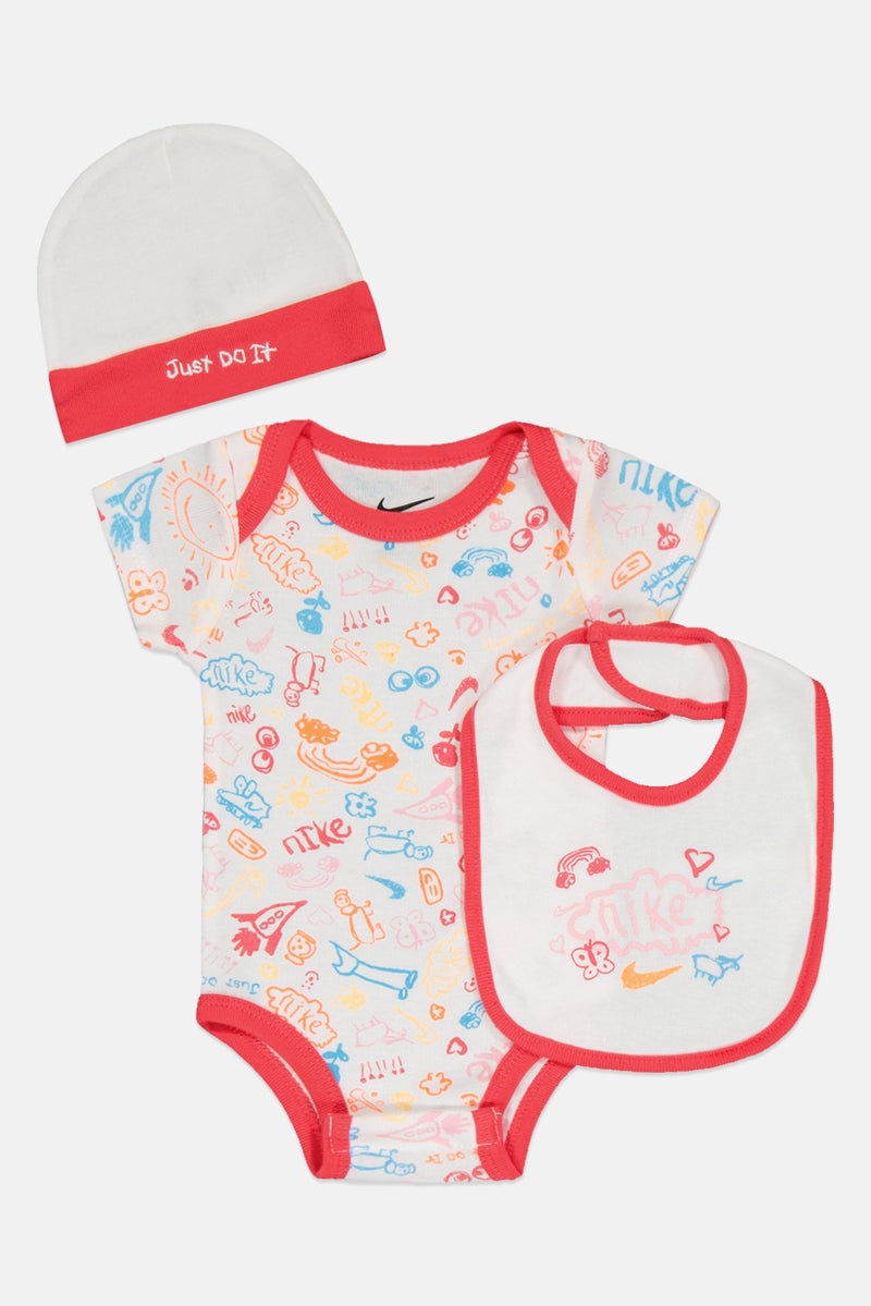 Nike Toddlers Boy 3 Pcs Allover Print Bodysuit And Bib With Beanie Hat, Multicolor - Image 4