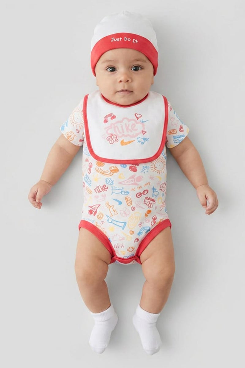 Nike Toddlers Boy 3 Pcs Allover Print Bodysuit And Bib With Beanie Hat, Multicolor - Image 1
