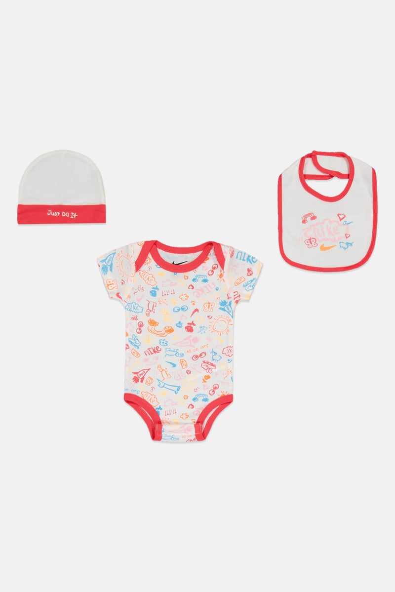Nike Toddlers Boy 3 Pcs Allover Print Bodysuit And Bib With Beanie Hat, Multicolor - Image 2