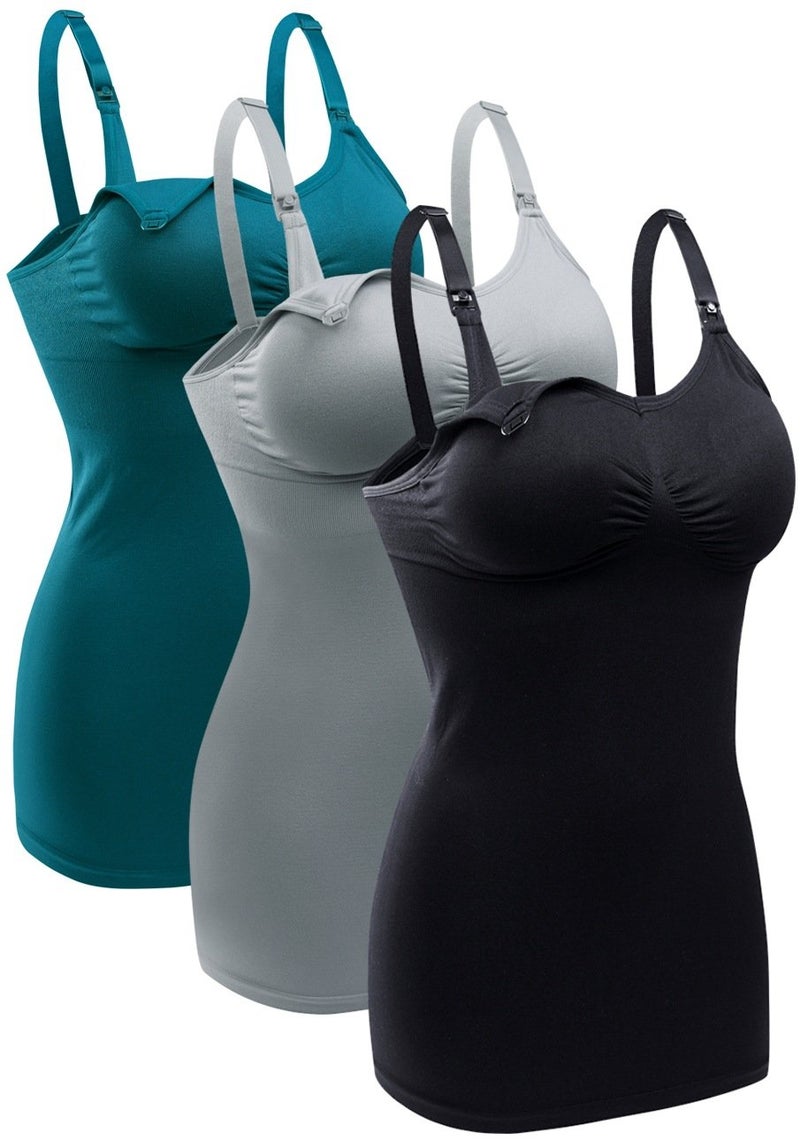 BRLIDO Womens Nursing Tank Tops Built in Bra for Breastfeeding Maternity Camisole Brasieres Color Black Grey Green Size L Pack of 3 - Image 1