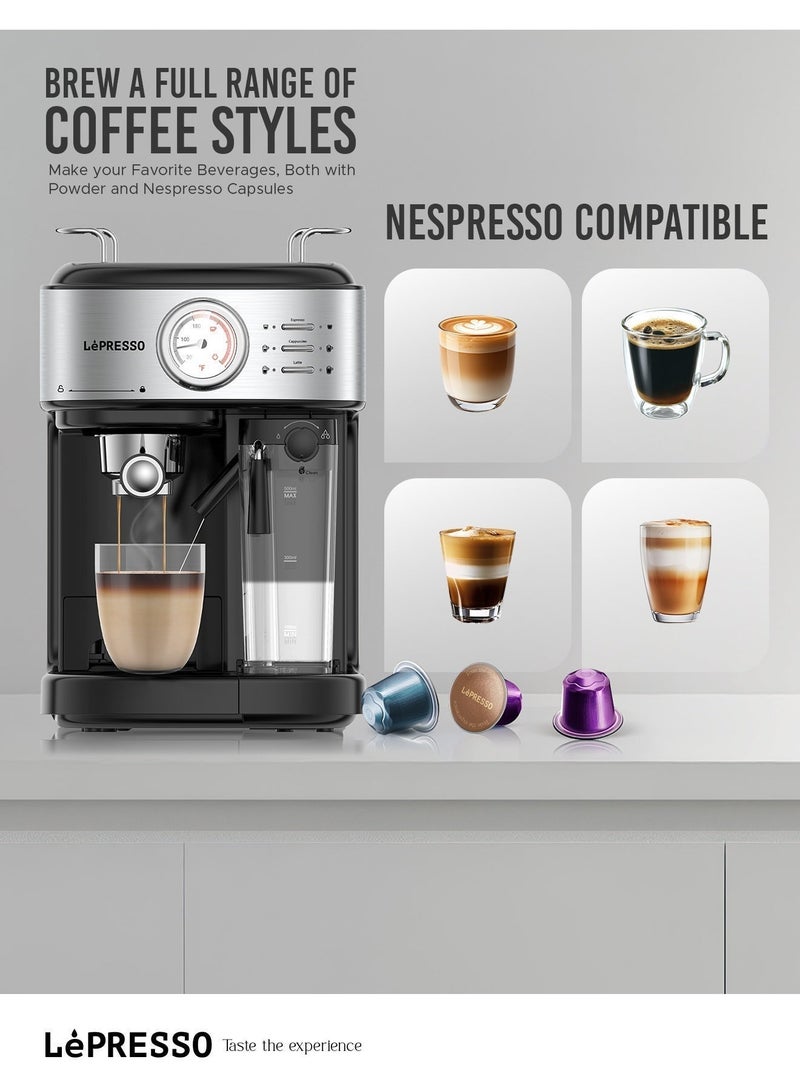 LePRESSO Semi-Automatic Coffee Machine 20 Bar, Capsule & Ground Coffee Maker, Espresso Machine with Milk Frothing, 1.5L Water/500ml Milk Capacity, Latte, Cappuccino, Americano, Macchiato Maker - Image 3