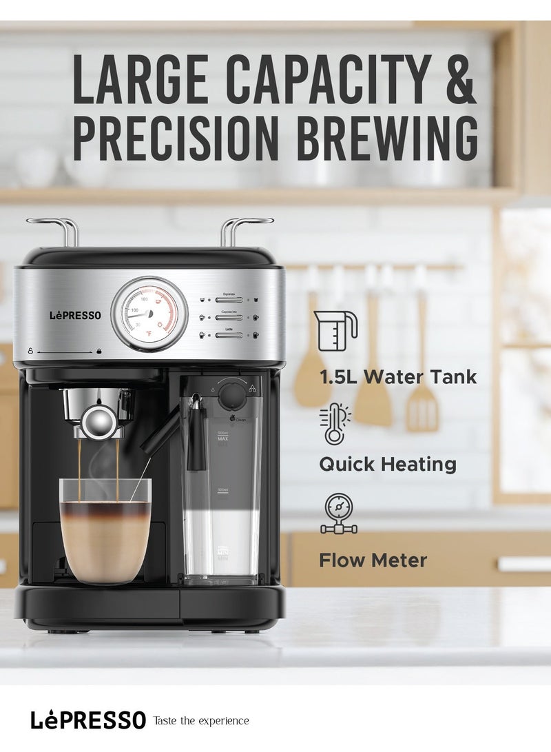 LePRESSO Semi-Automatic Coffee Machine 20 Bar, Capsule & Ground Coffee Maker, Espresso Machine with Milk Frothing, 1.5L Water/500ml Milk Capacity, Latte, Cappuccino, Americano, Macchiato Maker - Image 5