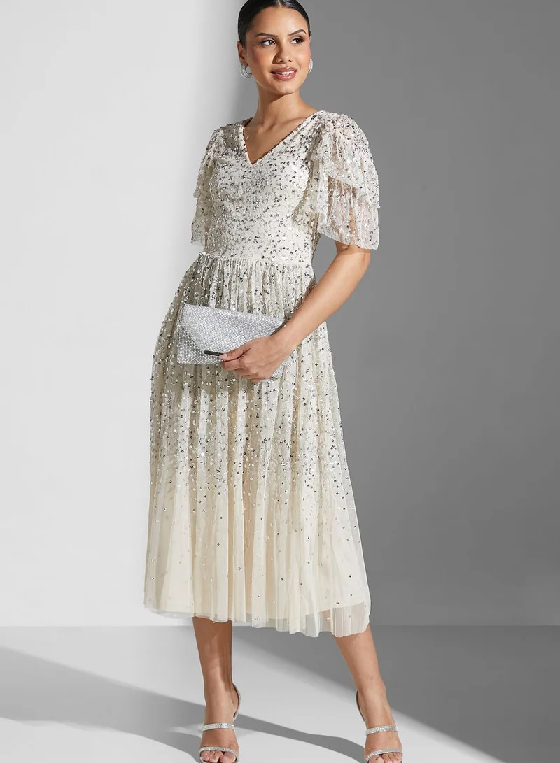 Frock and Frill Ruffle Sleeve Sequin Detail Dress
