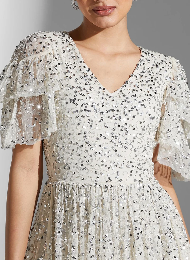 Frock and Frill Ruffle Sleeve Sequin Detail Dress